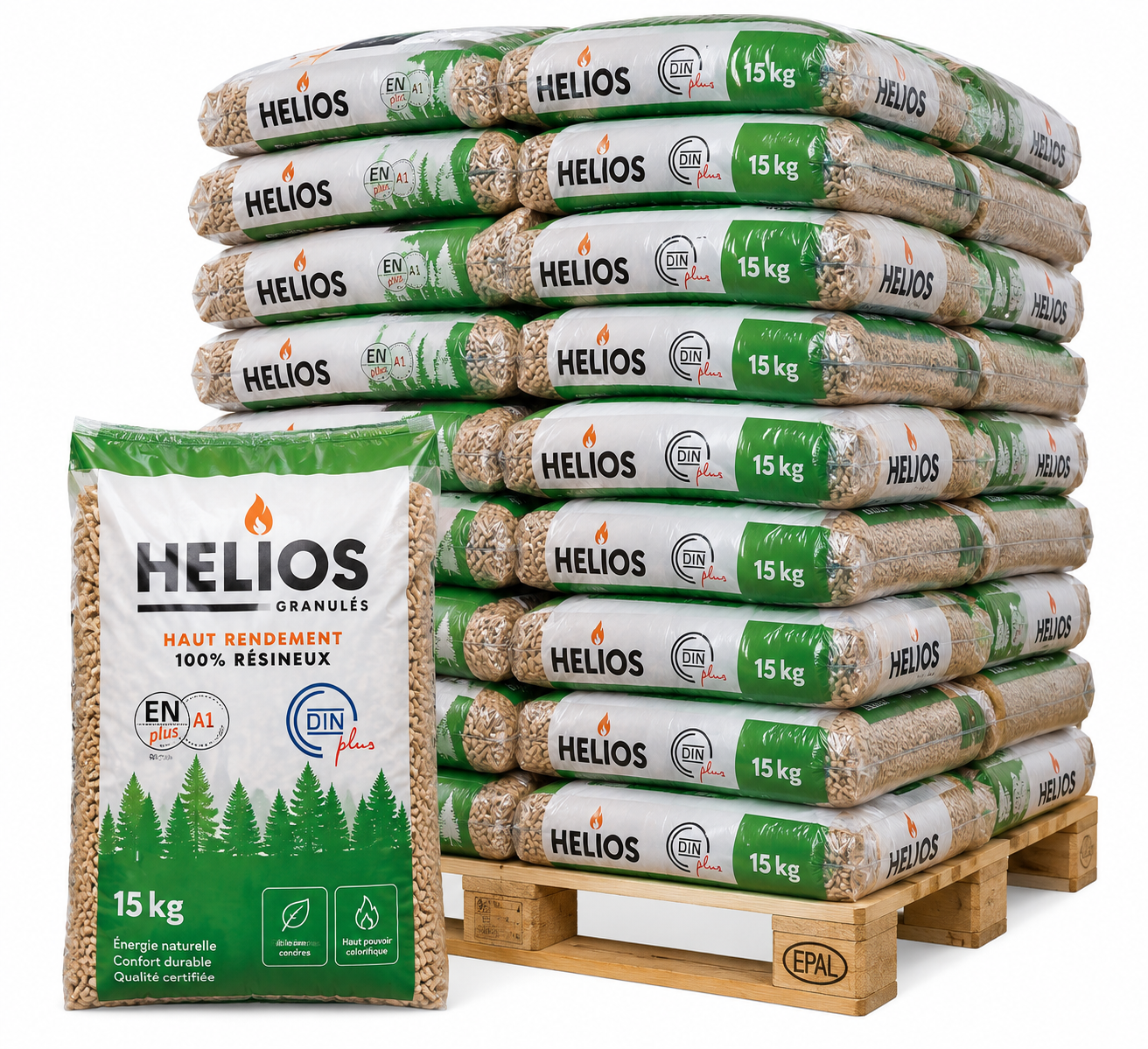 HELIOS pellets de madeira – 65 sacos de 15 kg – palete 975 kg – 100 % madeira de coníferas – ENplus A1 & DINplus