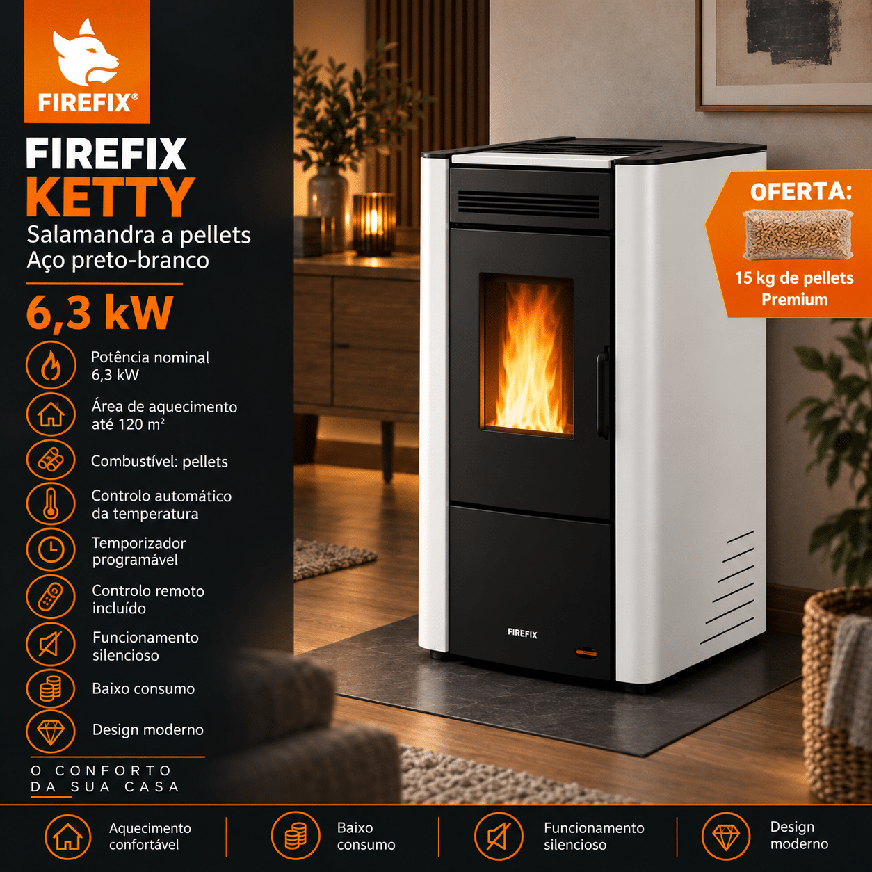 Firefix Ketty salamandra a pellets em aço preto-branco 6,3 kW