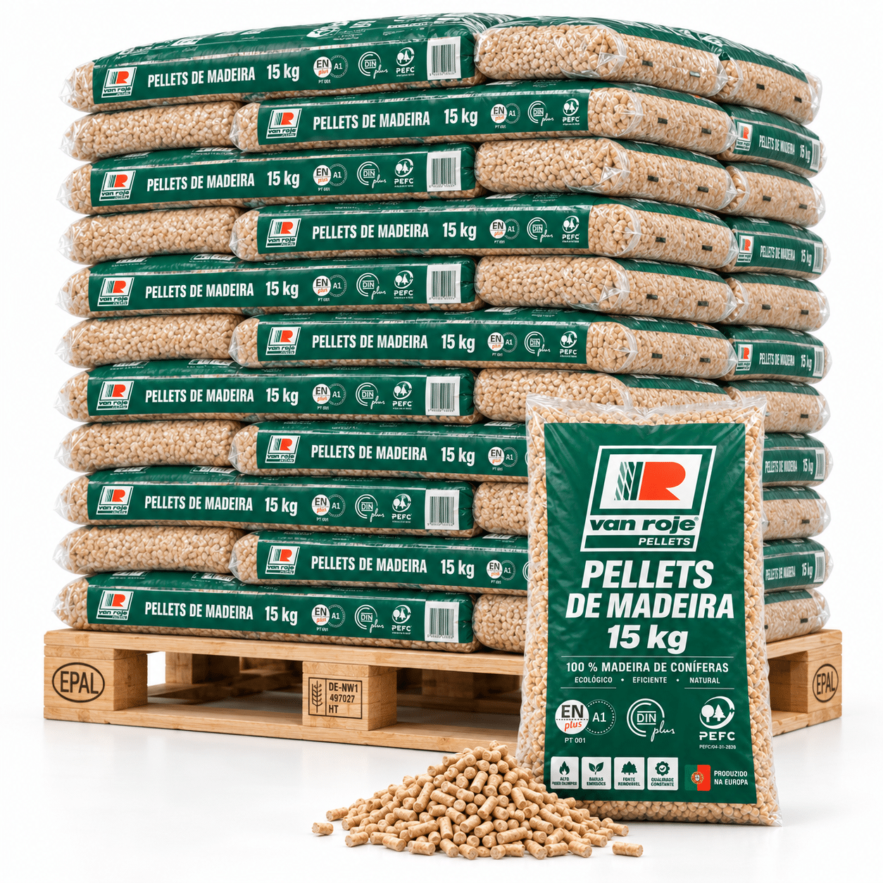 Van Roje pellets de madeira – 65 sacos de 15 kg – palete 975 kg – 100 % madeira de coníferas – ENplus A1, DINplus & PEFC