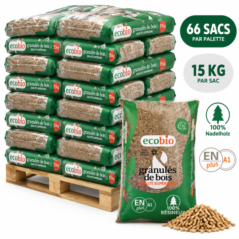 ECOBIO pellets de madeira – 66 sacos de 15 kg – palete 990 kg – 100 % madeira de coníferas