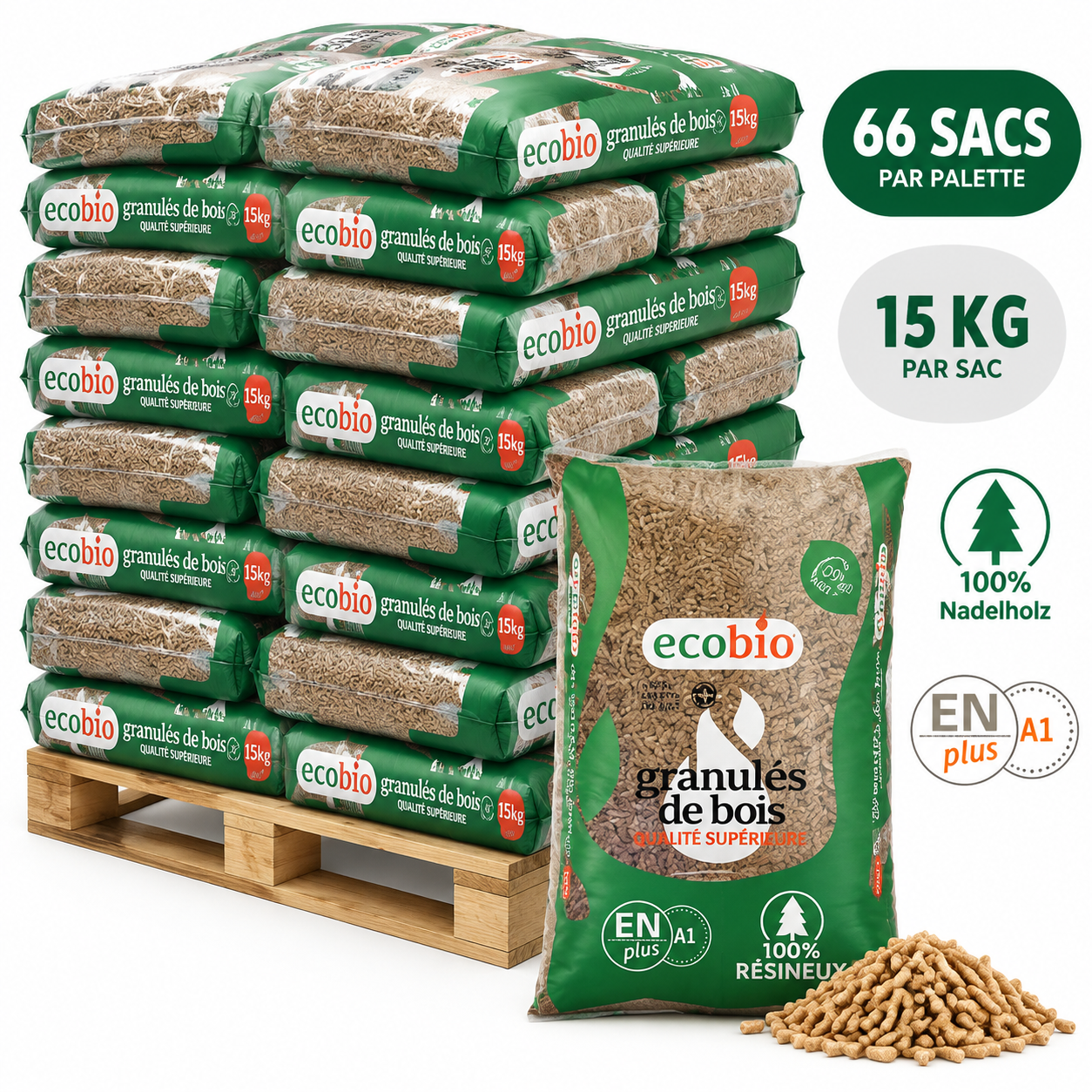 ECOBIO pellets de madeira – 66 sacos de 15 kg – palete 990 kg – 100 % madeira de coníferas