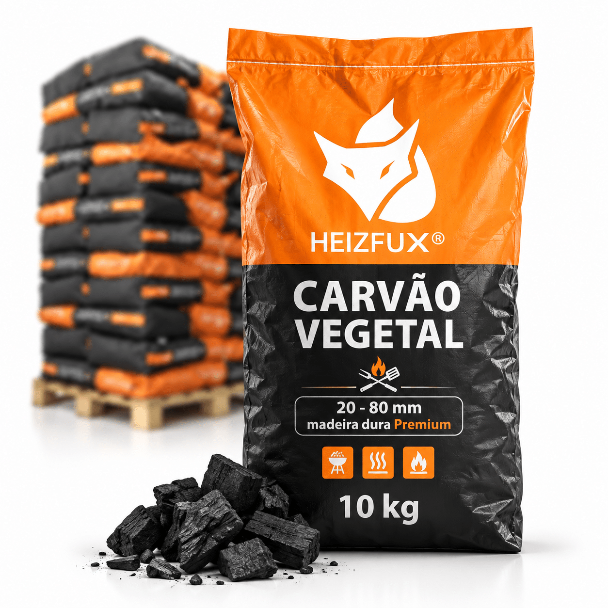 Carvão vegetal 20–80 mm – 36 × 10 kg – madeira dura Premium