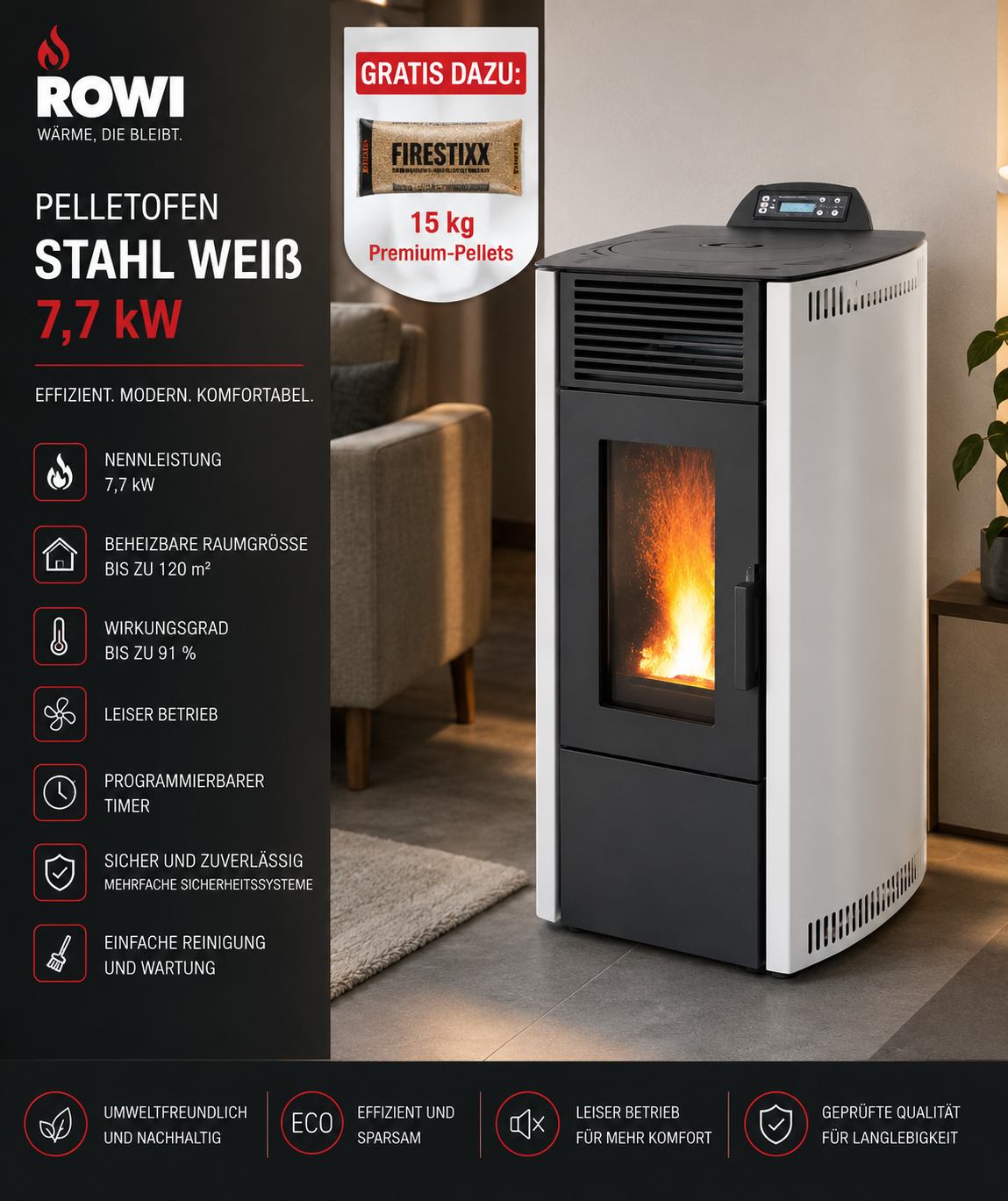 Rowi salamandra a pellets em aço branca 7,7 kW