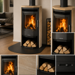 Justus Usedom 5 salamandra a lenha preta 5 kW com revestimento em arenito