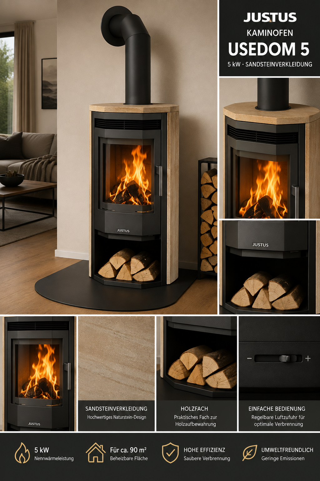Justus Usedom 5 salamandra a lenha preta 5 kW com revestimento em arenito