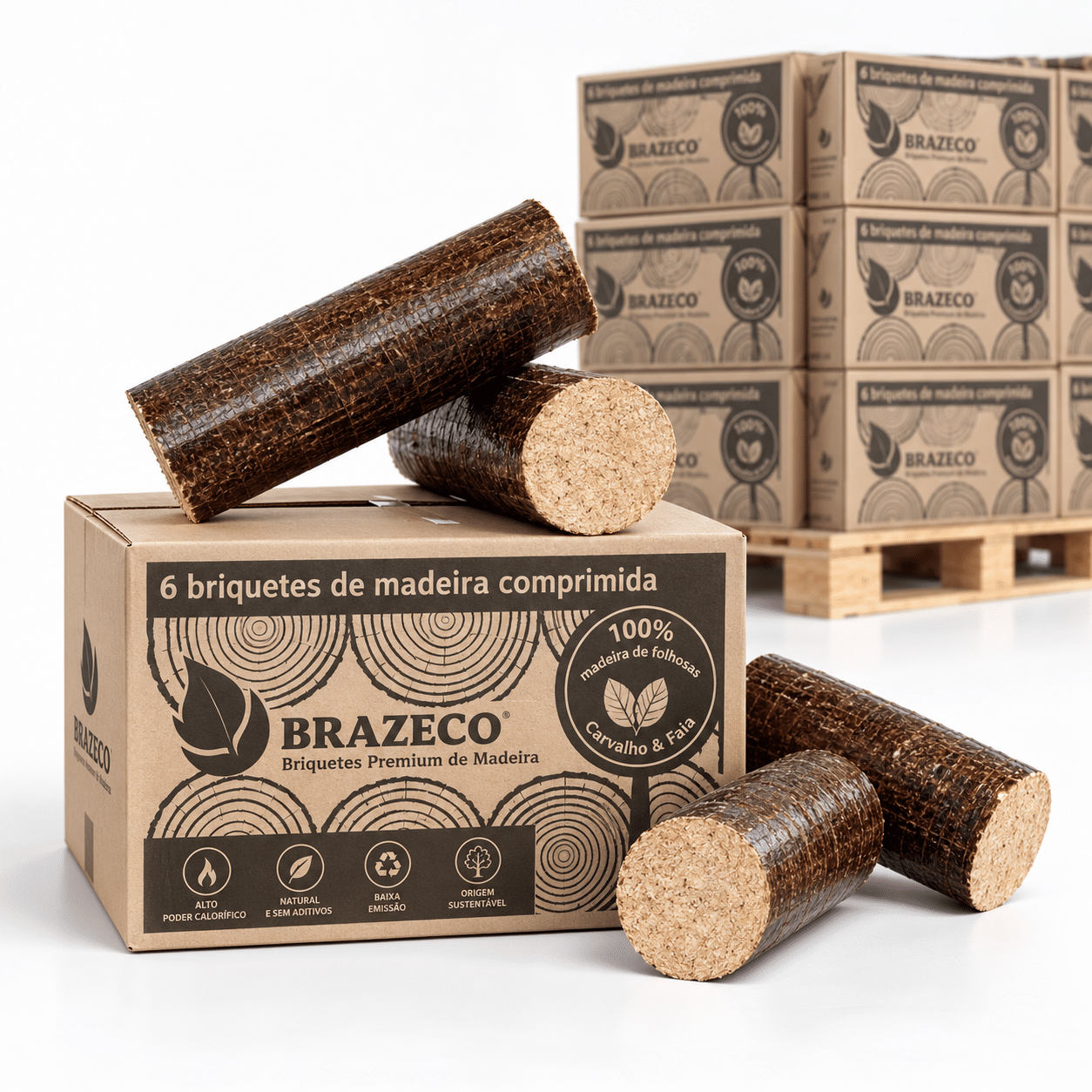 Briquetes Premium de madeira – palete com 80 caixas – 100 % madeira de folhosas de carvalho e faia