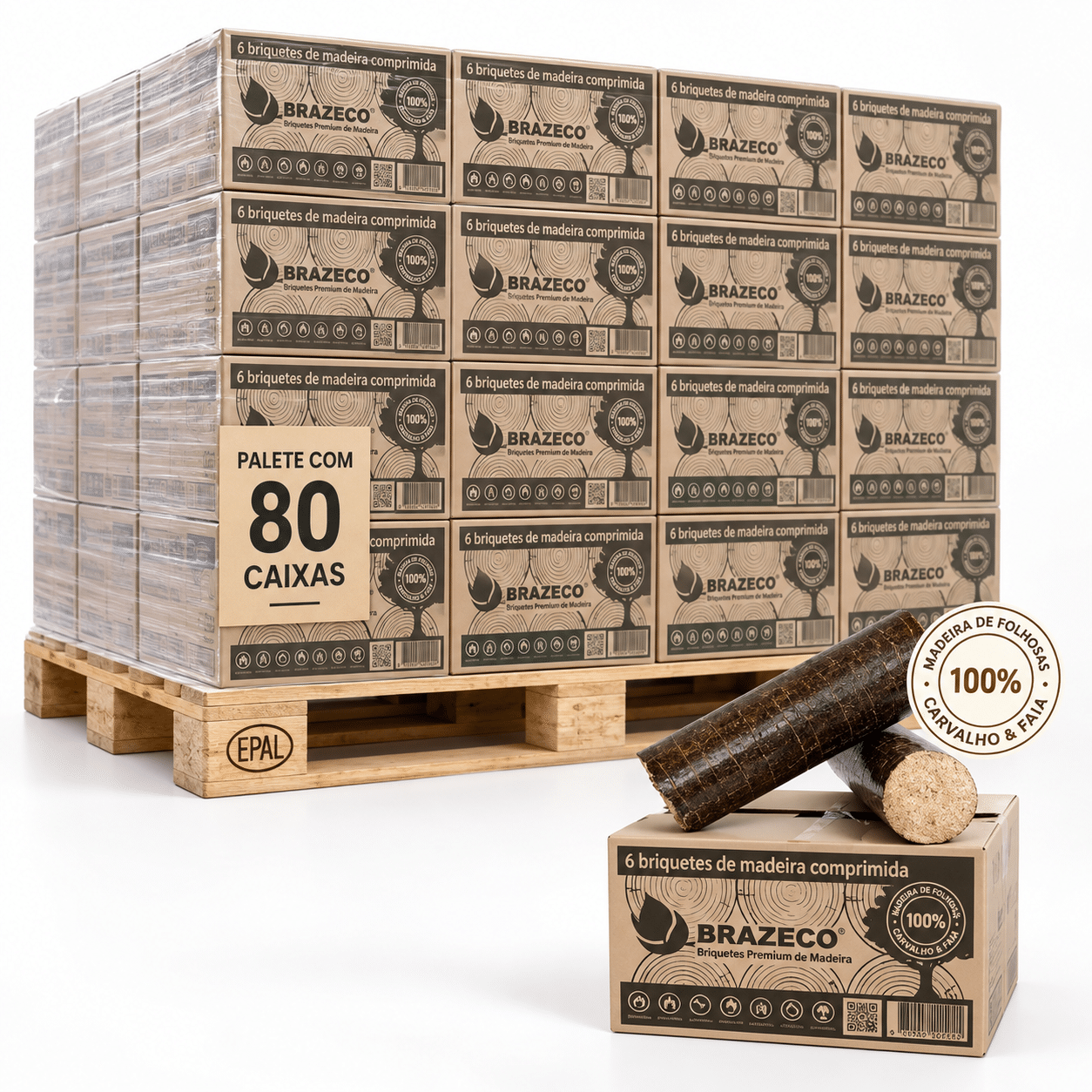 Briquetes Premium de madeira – palete com 80 caixas – 100 % madeira de folhosas de carvalho e faia