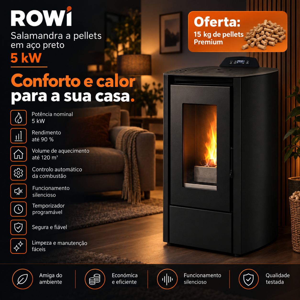 Rowi salamandra a pellets em aço preta 5 kW