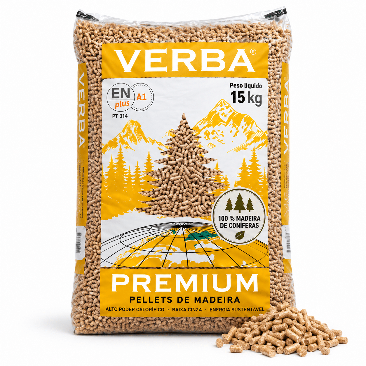 Verba Premium pellets de madeira – 70 sacos de 15 kg – palete 1.050 kg – 100 % madeira de coníferas – ENplus A1