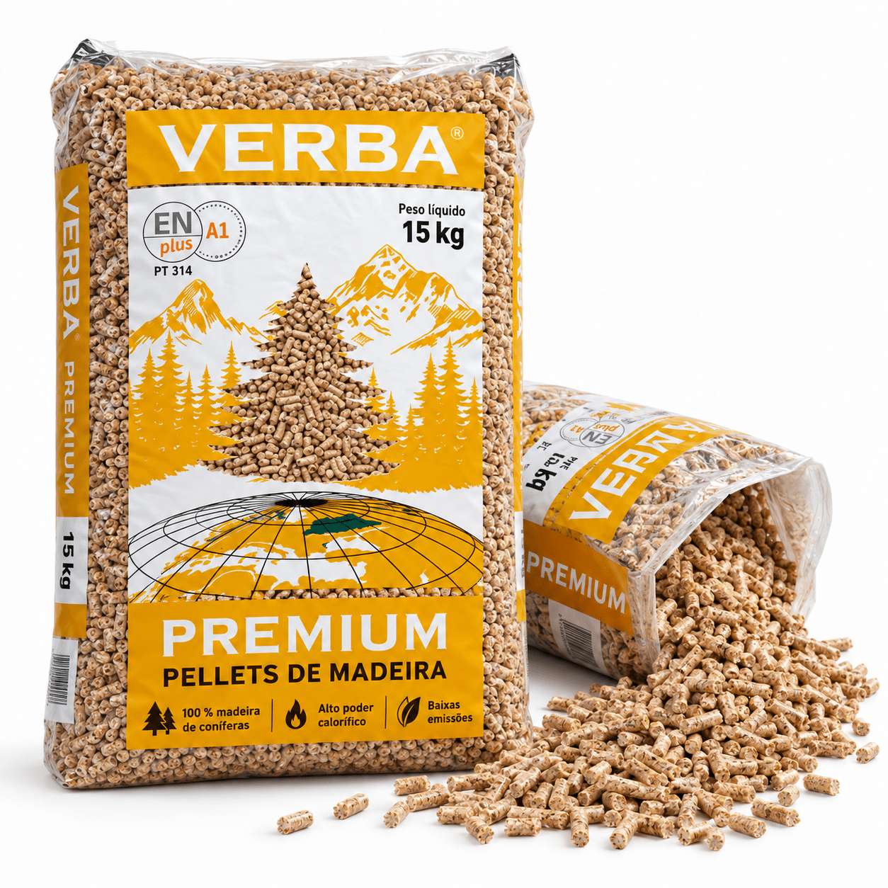 Verba Premium pellets de madeira – 70 sacos de 15 kg – palete 1.050 kg – 100 % madeira de coníferas – ENplus A1