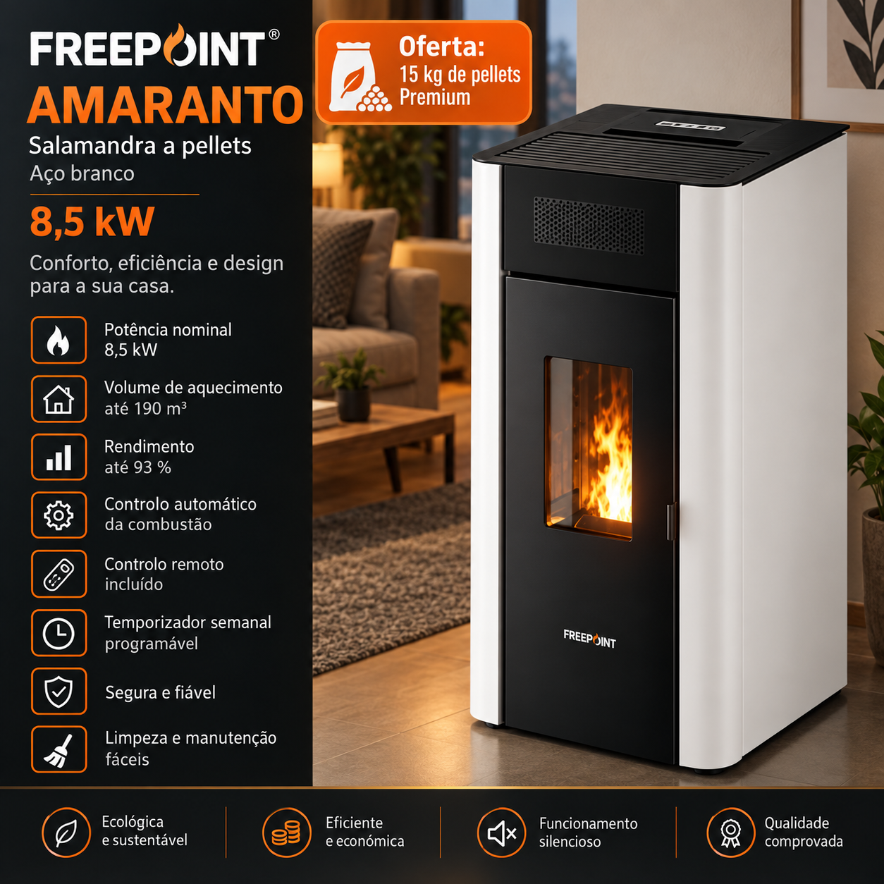 Freepoint Amaranto salamandra a pellets em aço branca 8,5 kW