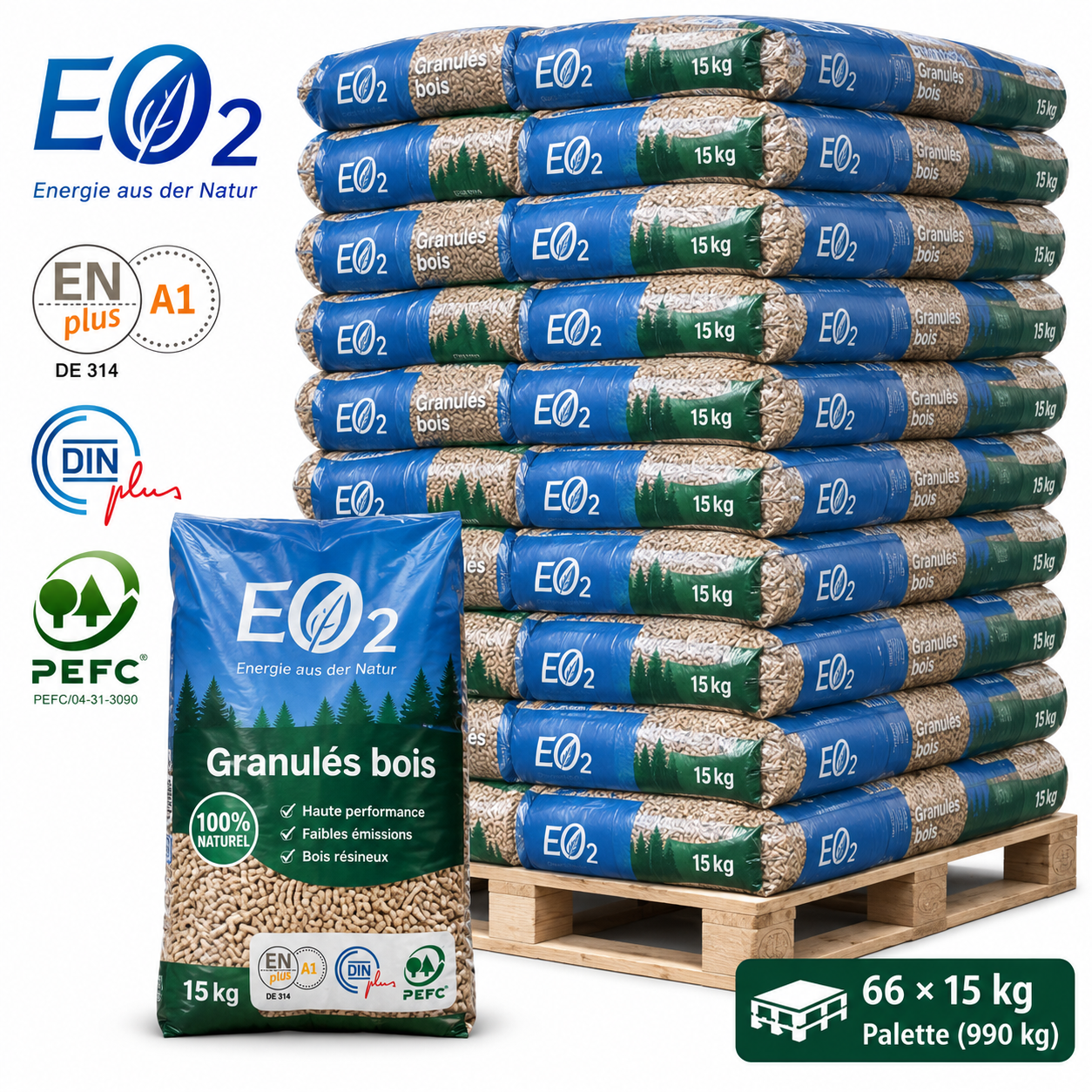Butagaz pellets de madeira – 66 sacos de 15 kg – palete 990 kg