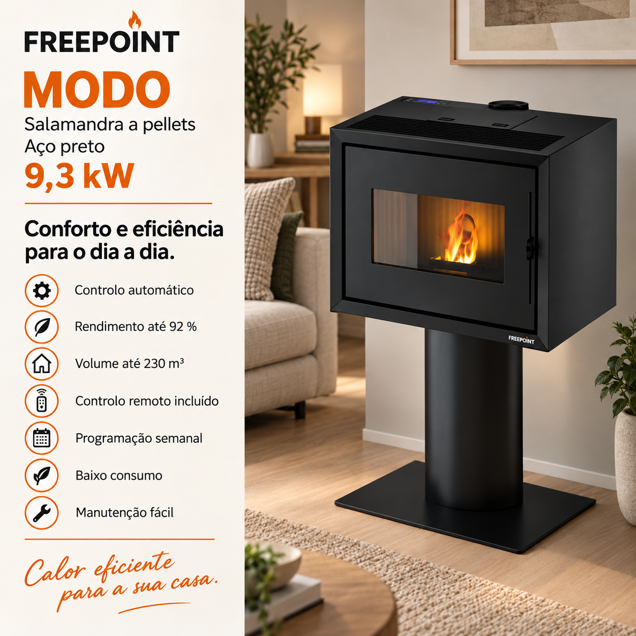 Freepoint Modo salamandra a pellets em aço preta 9,3 kW