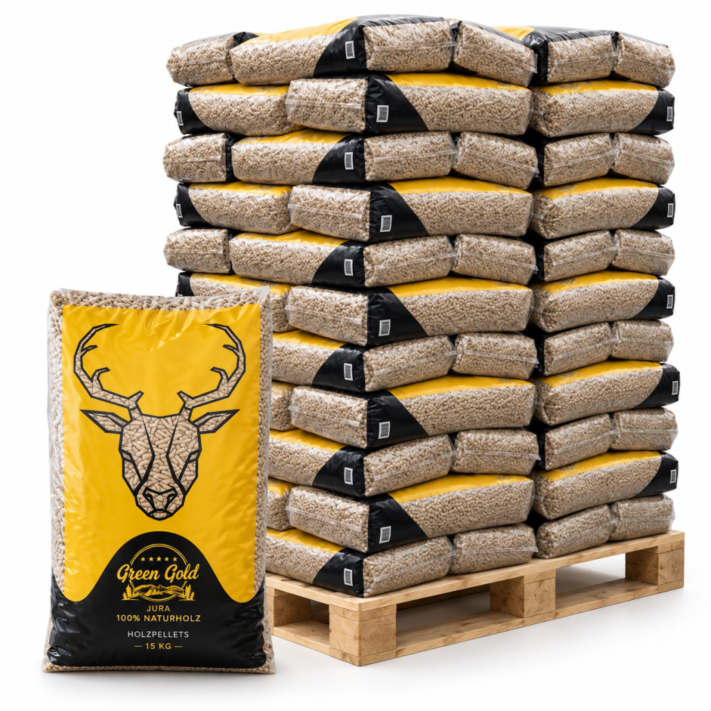 Green Gold Jura pellets de madeira – 72 sacos de 15 kg – palete 1.080 kg – 100 % madeira de coníferas – DINplus & PEFC