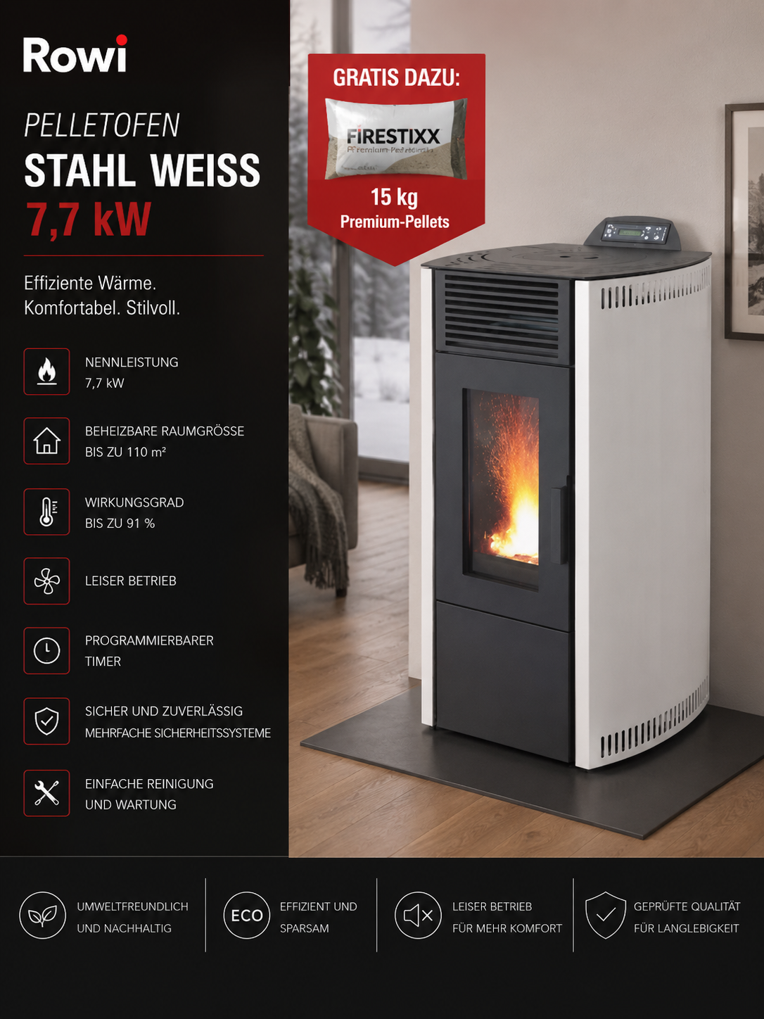 Rowi salamandra a pellets em aço branca 7,7 kW
