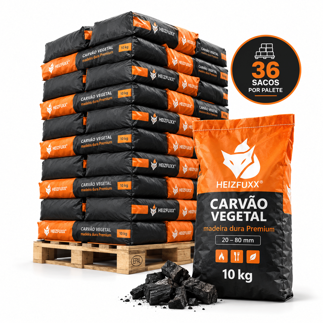 Carvão vegetal 20–80 mm – 36 × 10 kg – madeira dura Premium