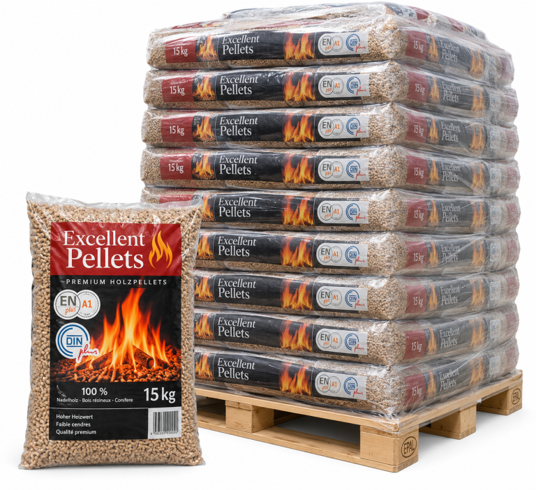 Pellet Excellent pellets de madeira – 65 sacos de 15 kg – palete 975 kg – 100 % madeira de coníferas – ENplus A1 & DINplus