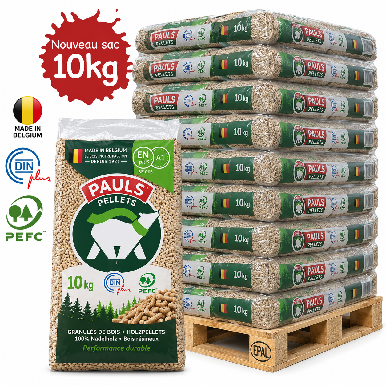 PAULS pellets de madeira – 104 sacos de 10 kg – palete 1.040 kg – 100 % madeira de coníferas – PEFC