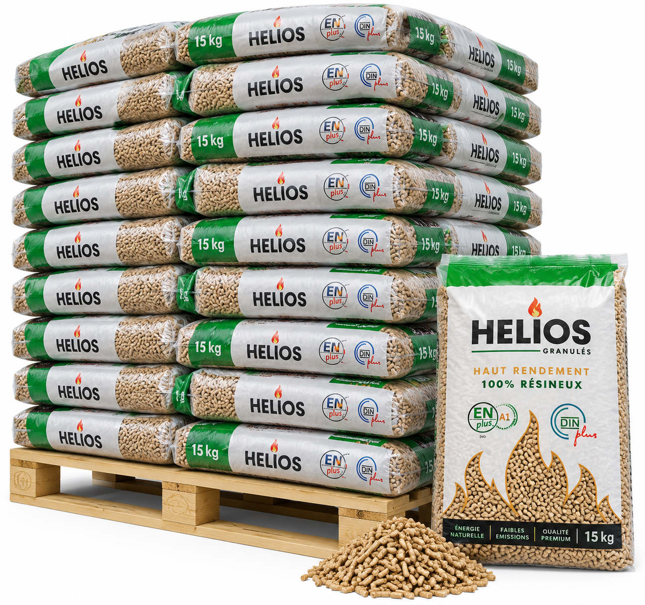 HELIOS pellets de madeira – 65 sacos de 15 kg – palete 975 kg – 100 % madeira de coníferas – ENplus A1 & DINplus