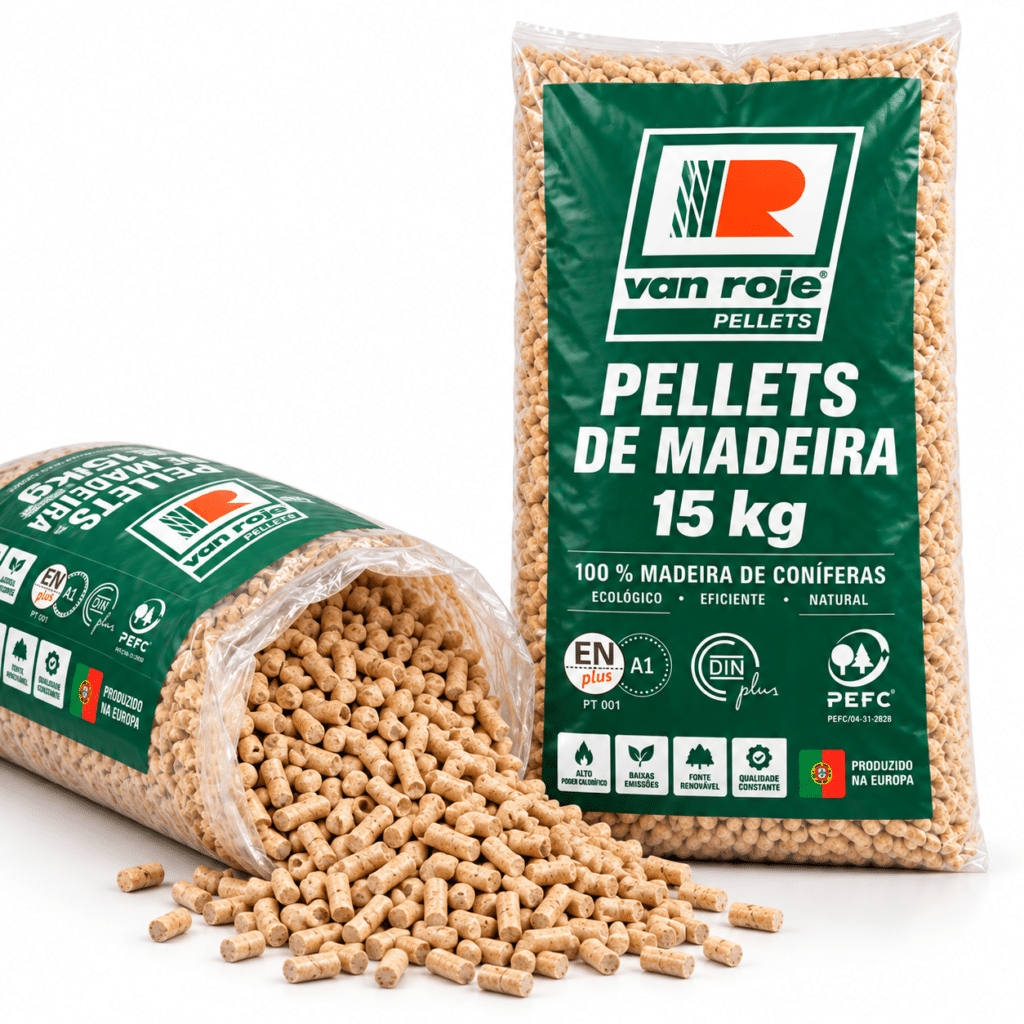 Van Roje pellets de madeira – 65 sacos de 15 kg – palete 975 kg – 100 % madeira de coníferas – ENplus A1, DINplus & PEFC