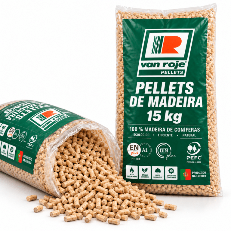 Van Roje pellets de madeira – 65 sacos de 15 kg – palete 975 kg – 100 % madeira de coníferas – ENplus A1, DINplus & PEFC