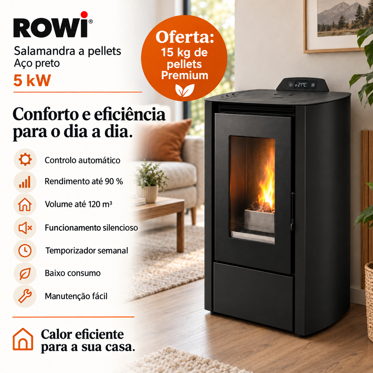 Rowi salamandra a pellets em aço preta 5 kW