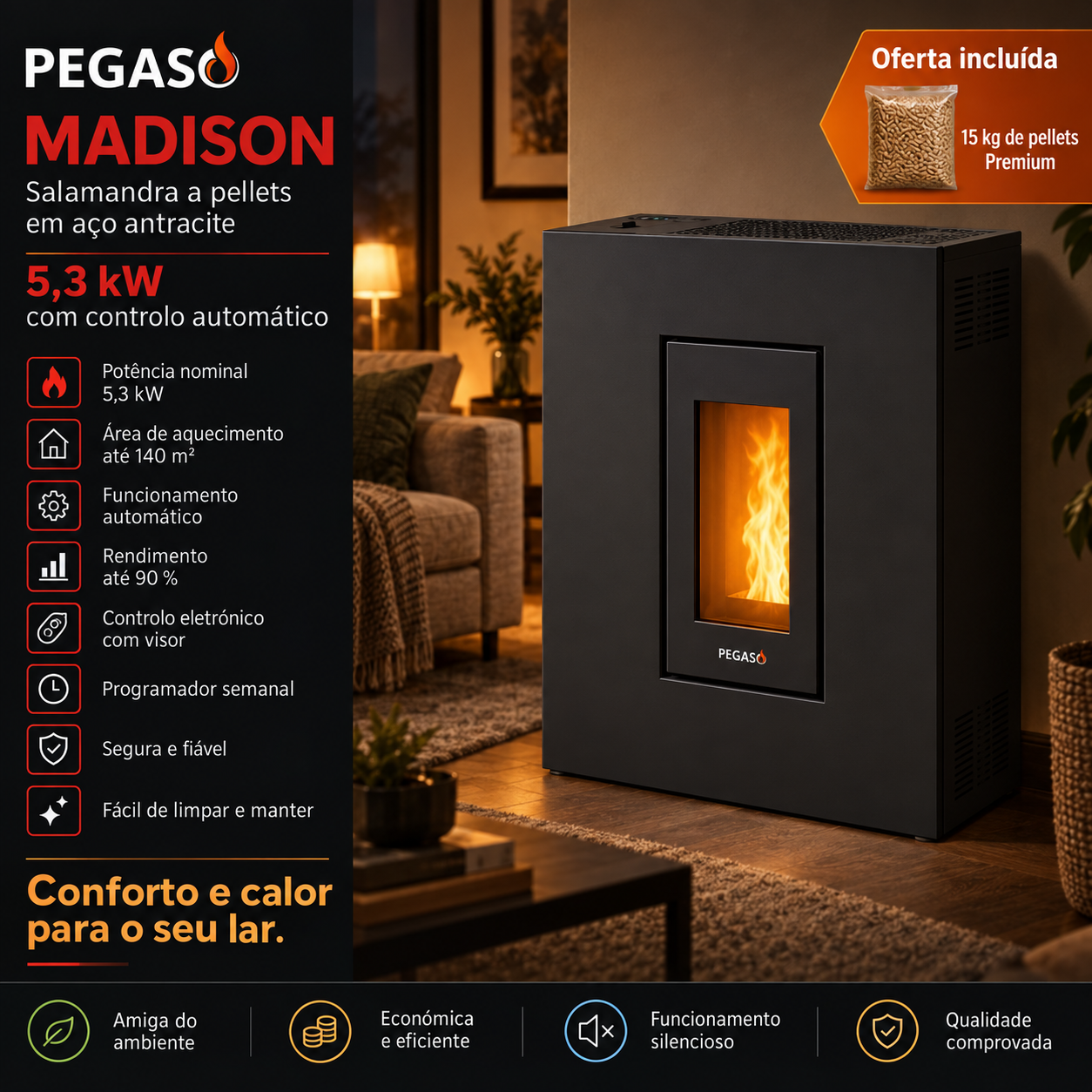 PEGASO Madison salamandra a pellets em aço antracite 5,3 kW com controlo automático