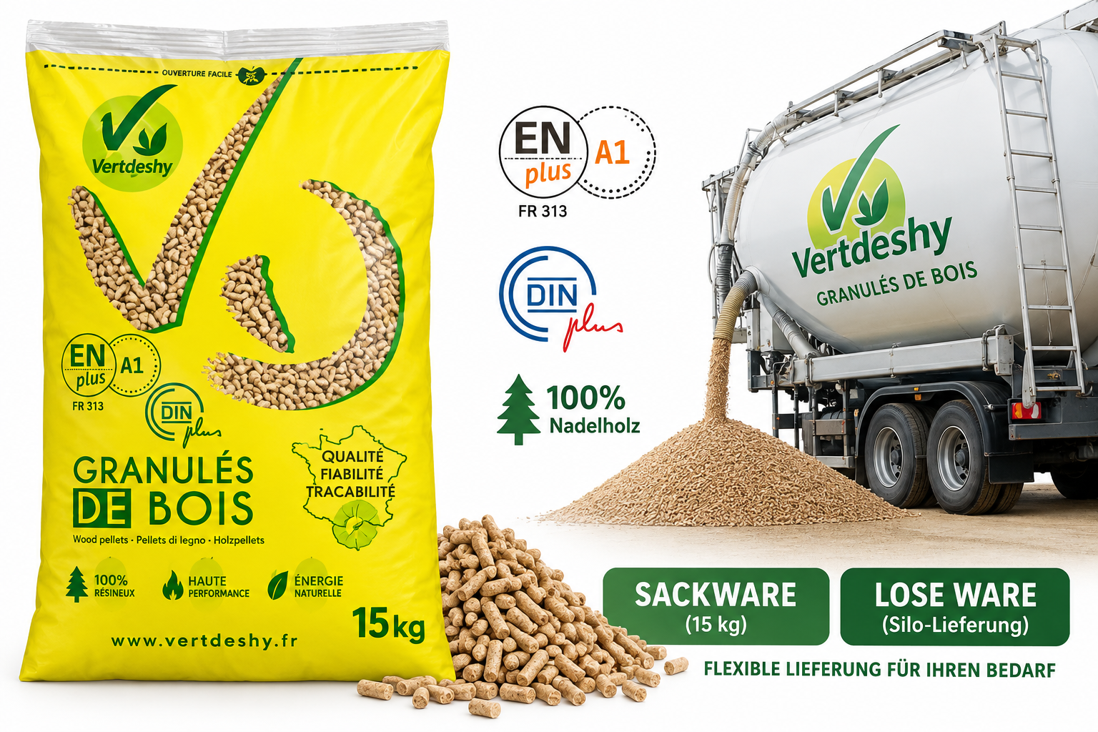 VERTDESHY pellets de madeira – saco ou a granel – 100 % madeira de coníferas – ENplus A1 & DINplus