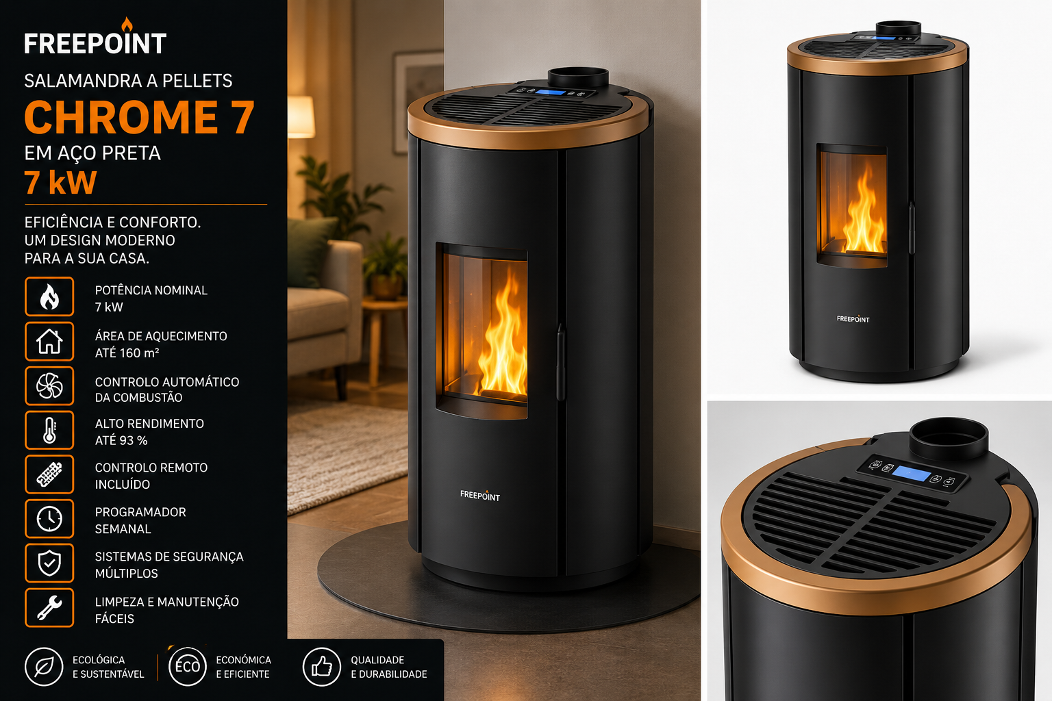 Freepoint Chrome 7 salamandra a pellets em aço preta 7 kW