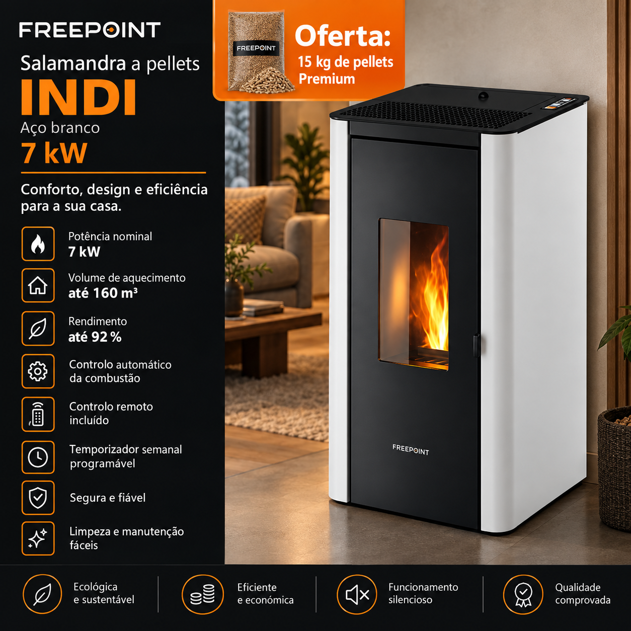 Freepoint Indi salamandra a pellets em aço branca 7 kW com controlo automático