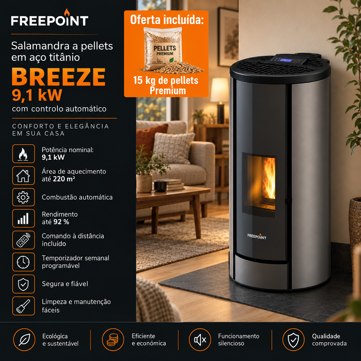 Freepoint Breeze salamandra a pellets em aço titânio 9,1 kW com controlo automático