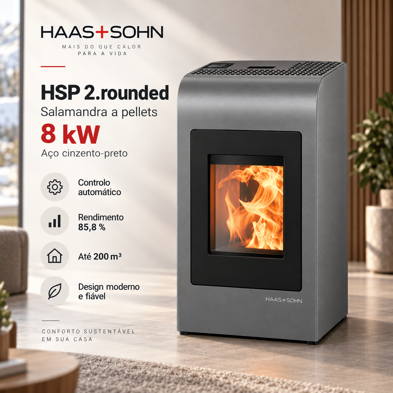Haas+Sohn HSP 2.rounded salamandra a pellets em aço cinzento-preto 8 kW com controlo automático