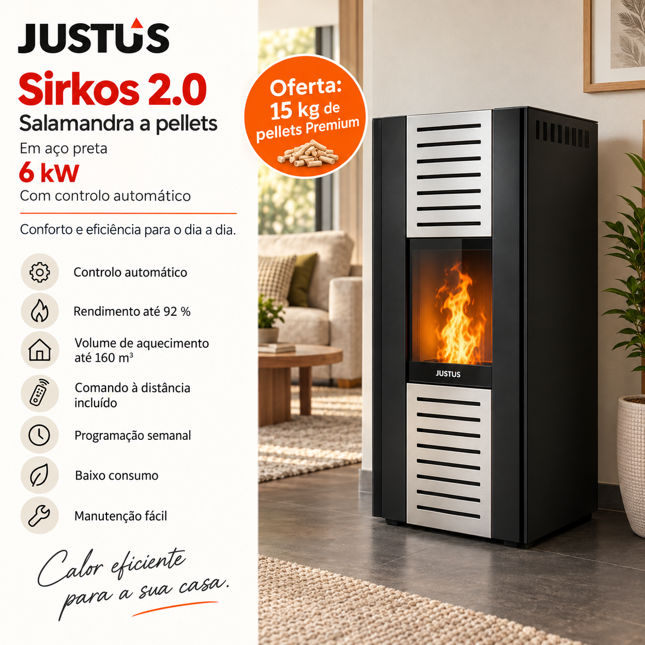 Justus Sirkos 2.0 salamandra a pellets em aço preta 6 kW com controlo automático