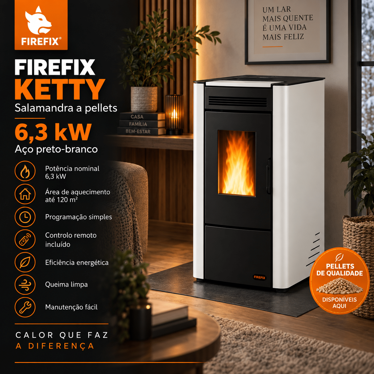 Firefix Ketty salamandra a pellets em aço preto-branco 6,3 kW