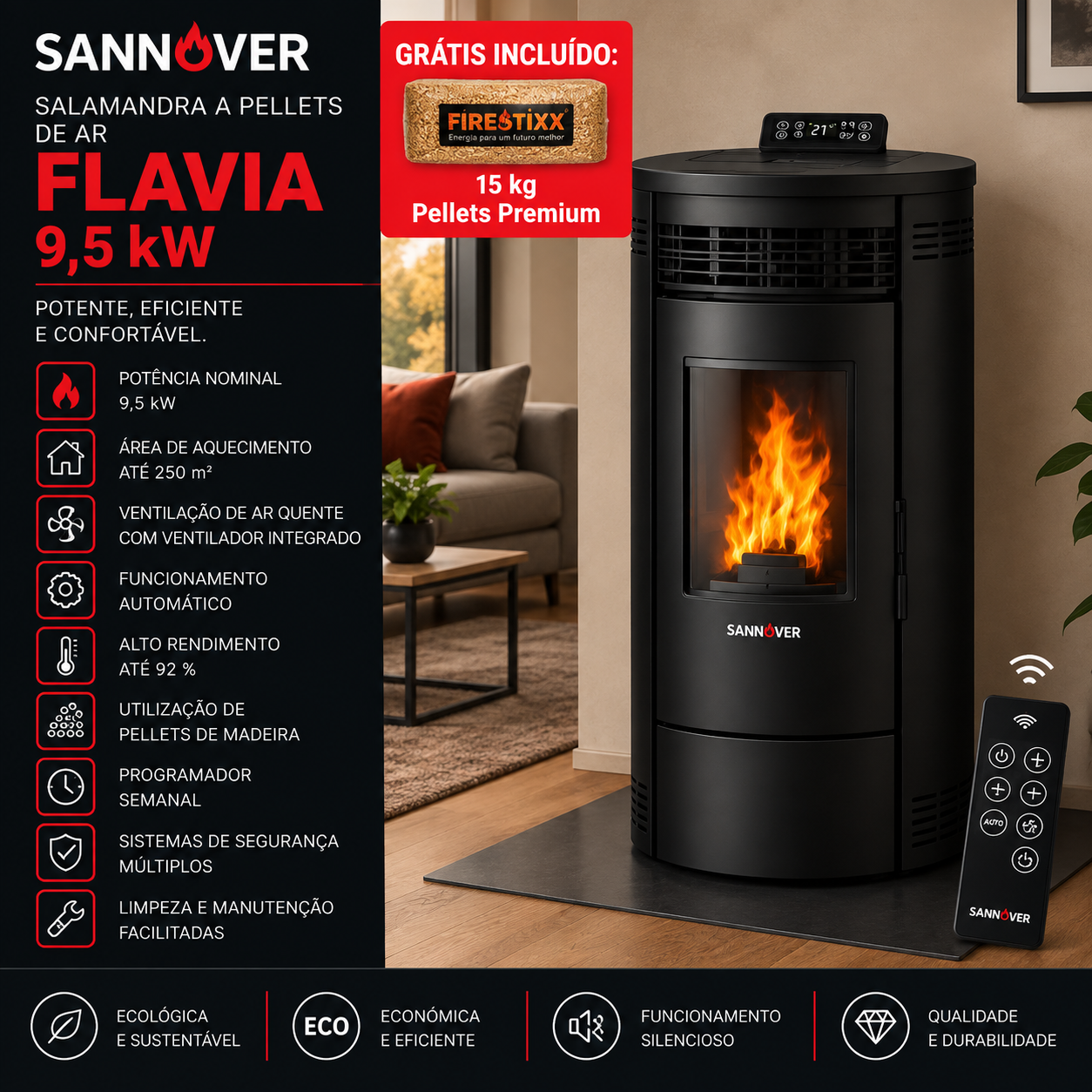 Sannover Salamandra a pellets de ar Flavia 9,5 kW preta