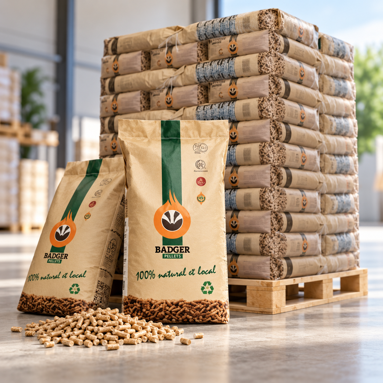 Badger pellets de madeira – 65 sacos de 15 kg – palete 975 kg – 100 % madeira de coníferas – ENplus A1 & DINplus