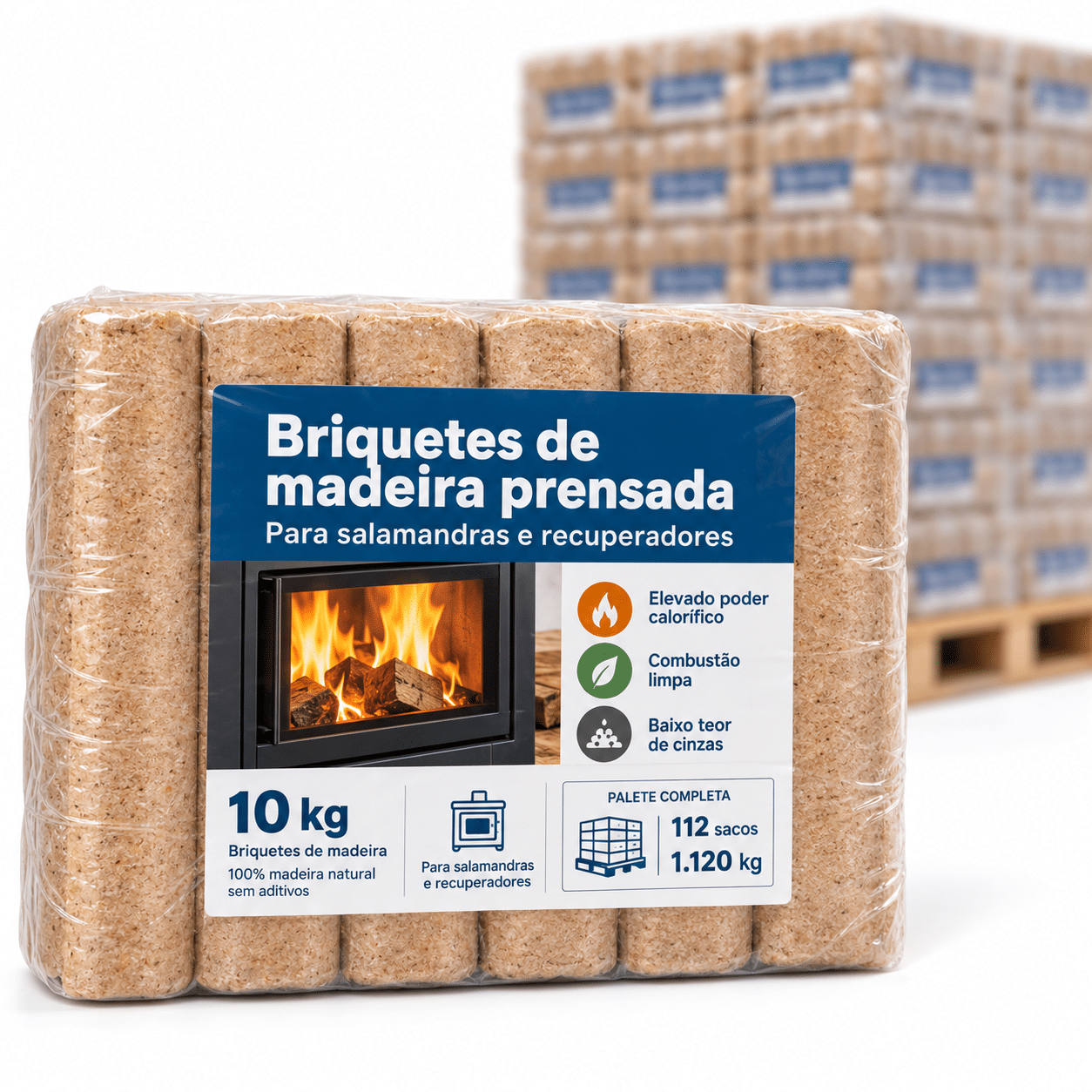 Briquetes de madeira prensada – 112 sacos (1.120 kg) – para salamandras e recuperadores