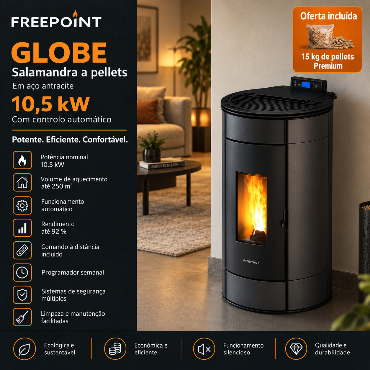 Freepoint Globe salamandra a pellets em aço antracite 10,5 kW com controlo automático