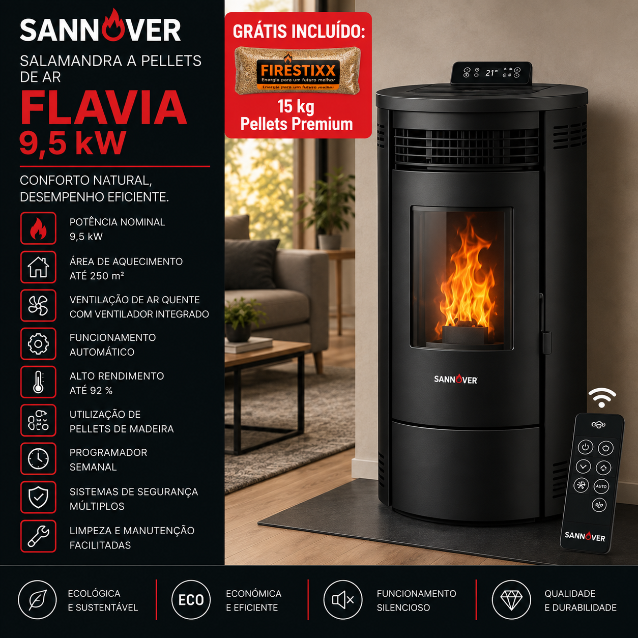 Sannover Salamandra a pellets de ar Flavia 9,5 kW preta