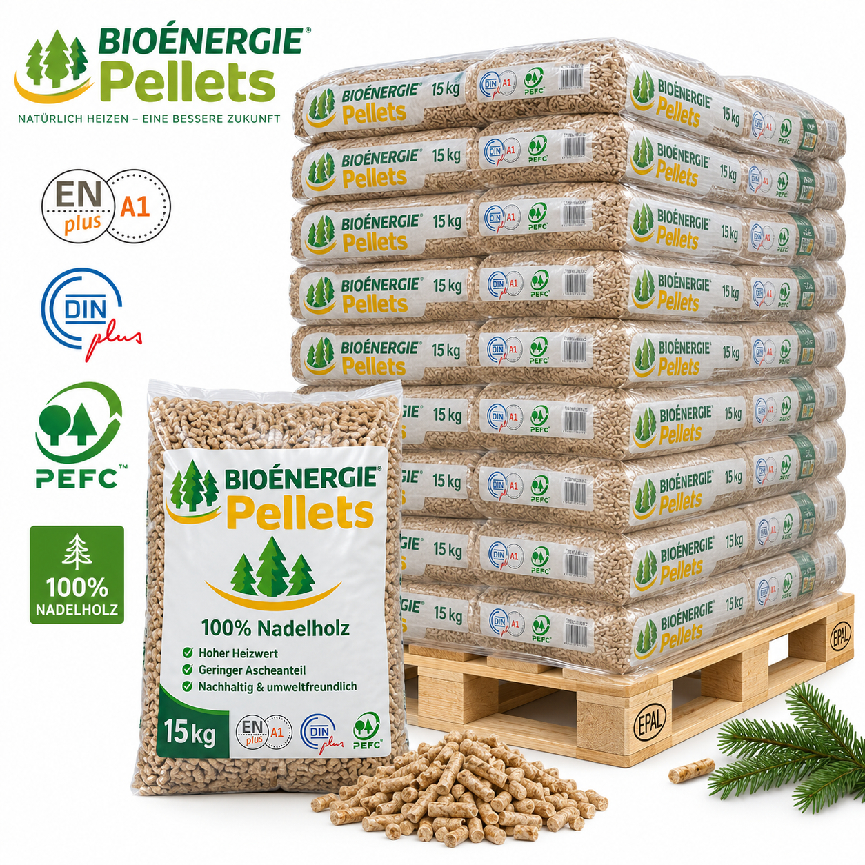 Bio Energie pellets de madeira – 66 sacos de 15 kg – palete 990 kg – 100 % madeira de coníferas – ENplus A1, DINplus & PEFC