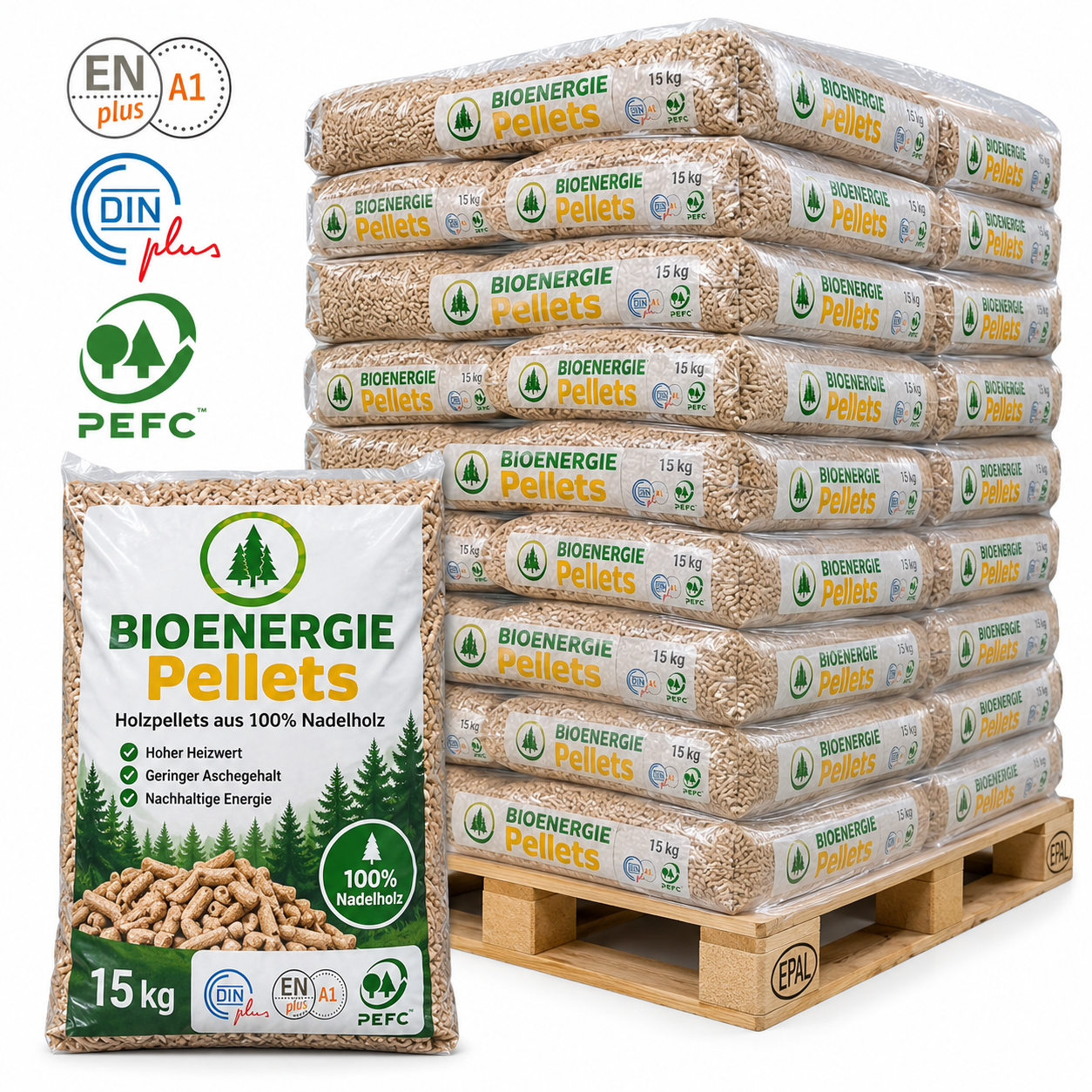 Bio Energie pellets de madeira – 66 sacos de 15 kg – palete 990 kg – 100 % madeira de coníferas – ENplus A1, DINplus & PEFC