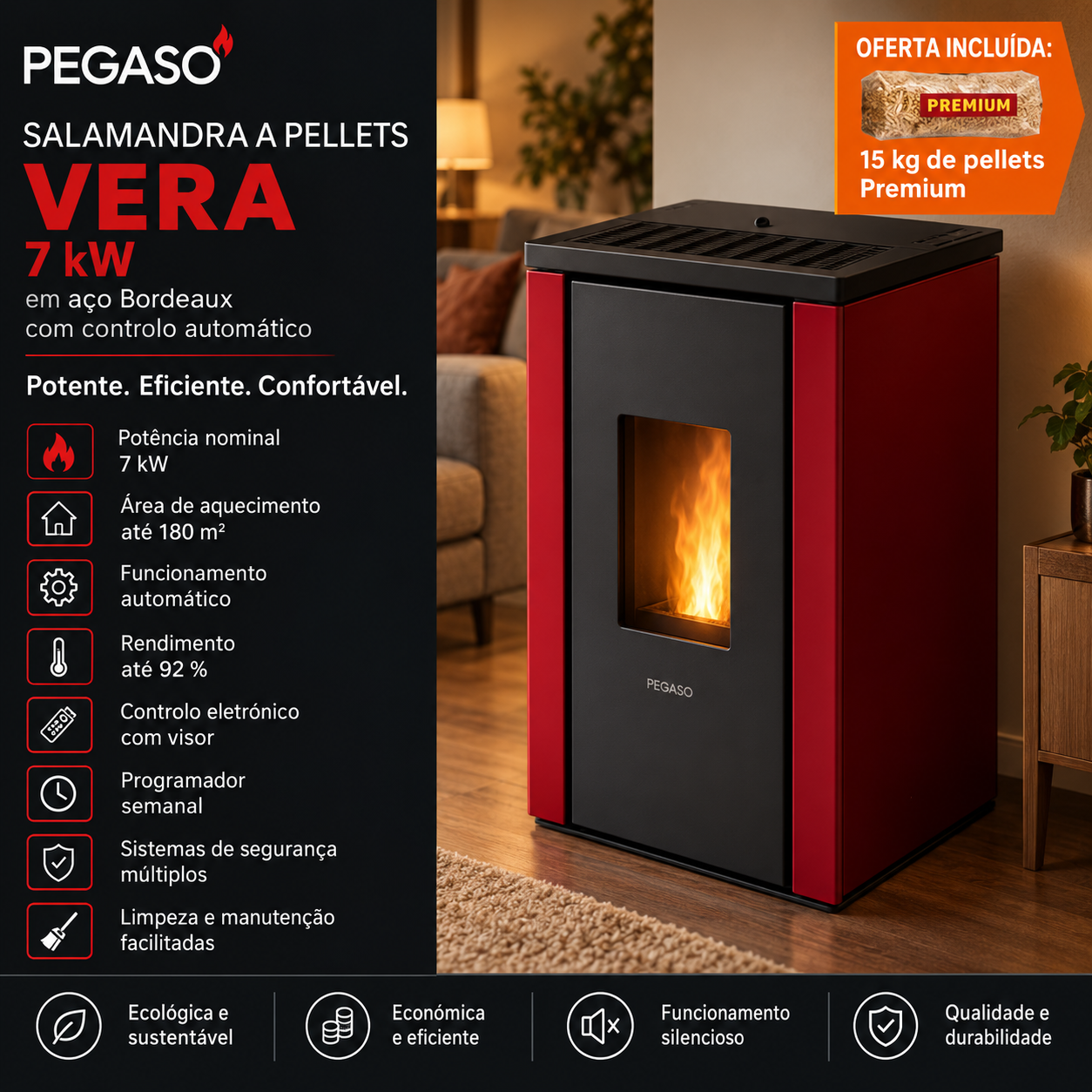 PEGASO Vera salamandra a pellets em aço Bordeaux 7 kW com controlo automático