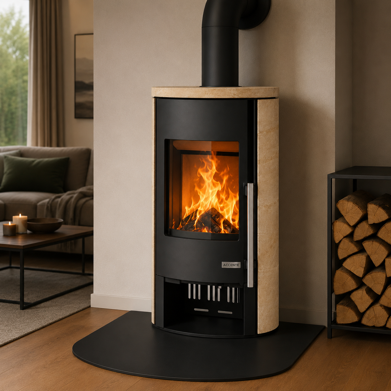Accente salamandra a lenha com revestimento em arenito 7 kW