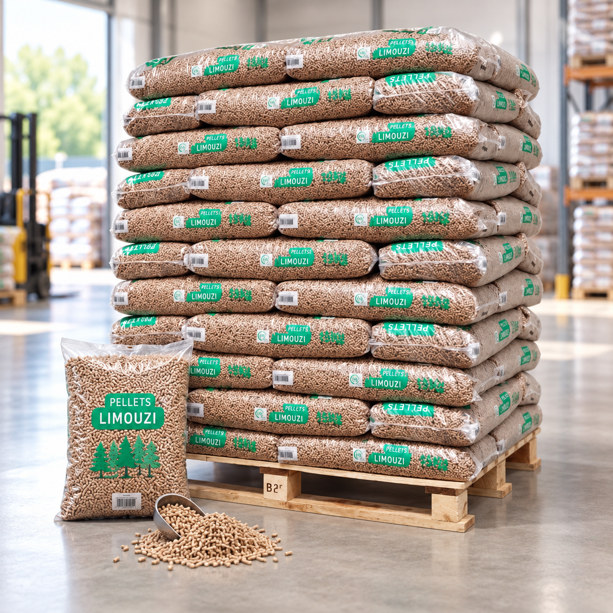Limouzi pellets de madeira – 66 sacos de 15 kg – palete 990 kg – 100 % madeira de coníferas – DINplus & PEFC