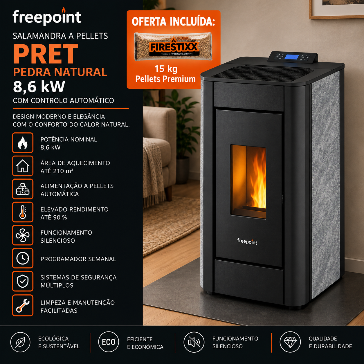Freepoint Pret salamandra a pellets em pedra natural 8,6 kW com controlo automático