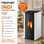 Freepoint Indi salamandra a pellets em aço branca 7 kW com controlo automático