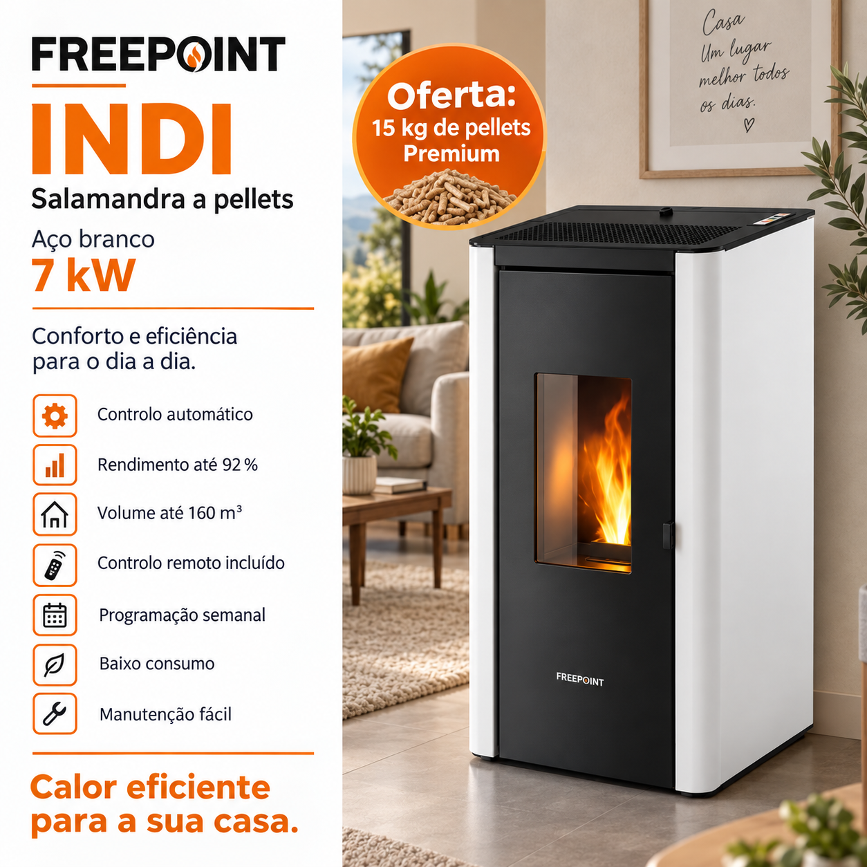 Freepoint Indi salamandra a pellets em aço branca 7 kW com controlo automático