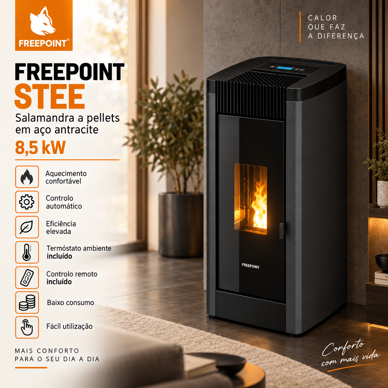 Freepoint STEE salamandra a pellets em aço antracite 8,5 kW