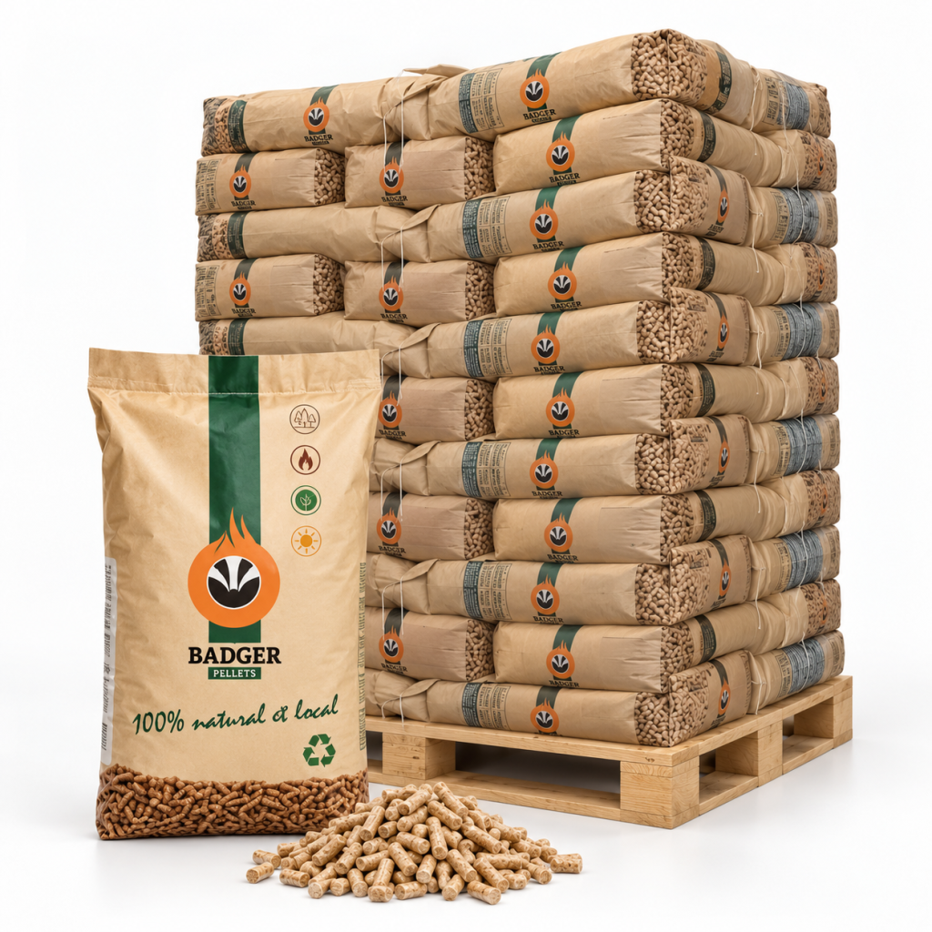 Badger pellets de madeira – 65 sacos de 15 kg – palete 975 kg – 100 % madeira de coníferas – ENplus A1 & DINplus