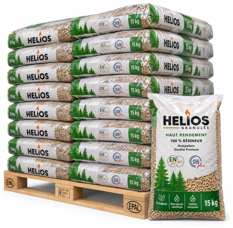 HELIOS pellets de madeira – 65 sacos de 15 kg – palete 975 kg – 100 % madeira de coníferas